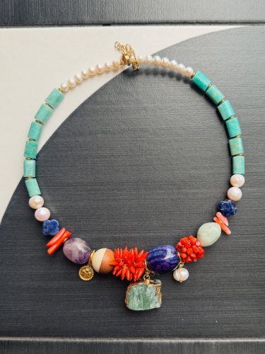 Fluorite Charm Necklace with Coral & Amethyst
